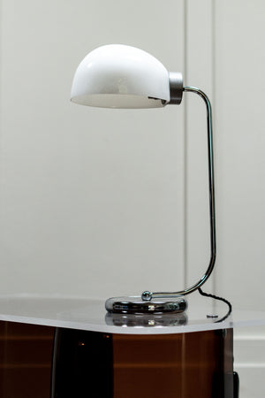 Mid-Century 1950s Opaline and Chrome Desk Lamp with a Glass Shade.